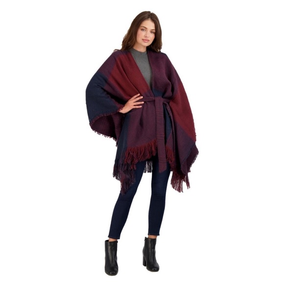 H by Halston | Sweaters | H Halston Oversized Belted Plaid Ruana Poncho ...